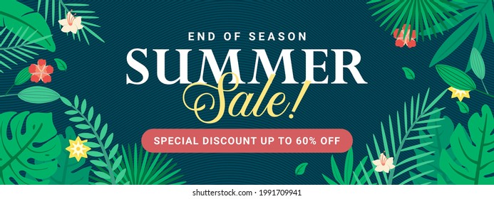 End Of Season Summer Sale Banner Template With Green Leaf Premium Vector