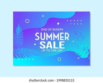 End of Season Summer Sale Banner With Gradient and Tropical Leaves Background, Exotic Floral Design for Banner, Flyer, Invitation, Poster, Greeting Card. Gradient style, vector illustration
