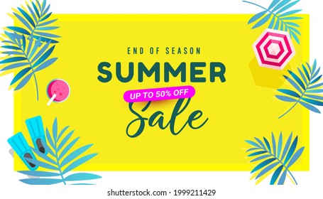 End of season summer sale banner in trendy bright colors with tropical leaves and discount text.