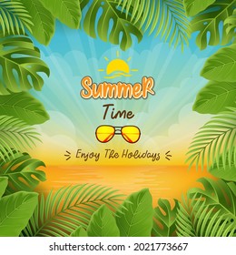 End of season summer sale banner with tropical leaves background