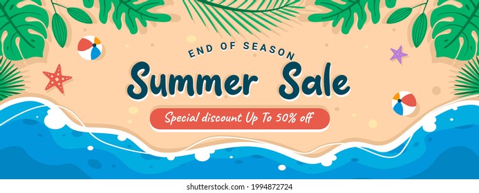 End of season Summer sale discount banner on location beautiful beach and sand background. Premium Vector