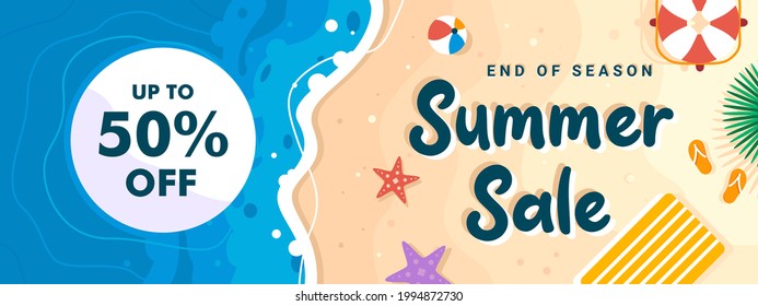 End of season Summer sale discount banner on location beautiful beach and sand background. Premium Vector