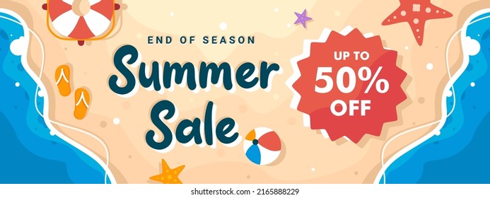 Banner de descuento de fin de temporada en venta de verano sobre la ubicación hermosa playa y fondo de arena. Vector Premium