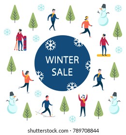 End of season winter sale. Winter sport activities shopping.