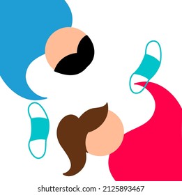 End of self-isolation or quarantine. People throw out and take off their sanitary masks. Flat vector isolated illustration.