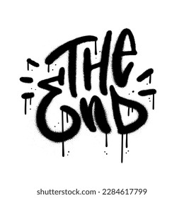 The end - Sprayed urban graffiti lettering text with overspray in black over white. Vector textured illustration.