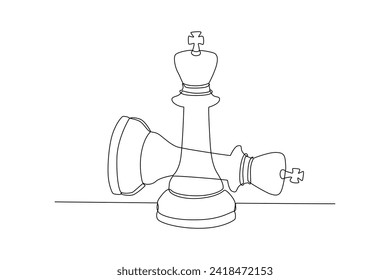 El final de la batalla de estrategia en un partido de ajedrez. Planificación estratégica, estrategia de desarrollo empresarial, tácticas de emprendimiento. Vector de diseño de traza de línea continua