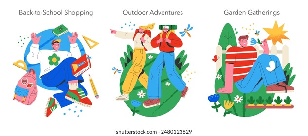 End of Summer Activities set. Illustrations of back-to-school shopping, outdoor adventures, and garden relaxations. Colorful leisure and preparation scenes. Vector illustration.