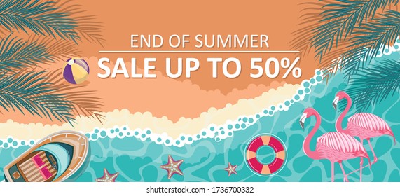 end of summer sale background design with buoy elements, starfish, balls and coconut trees