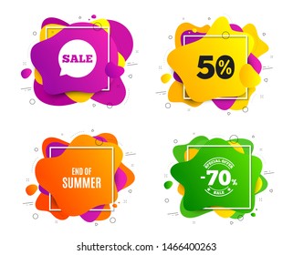 End of Summer Sale. Liquid shape, various colors. Special offer price sign. Advertising Discounts symbol. Geometric vector banner, square frames. End summer text. Gradient shape badge. Vector