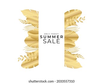 End of summer sale poster banner with golden leaves paper cut style
