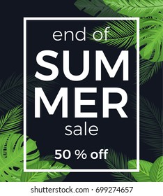 end of summer sale vector banner with palm leaves