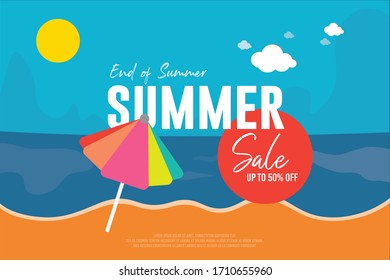 Fondo de ventas al final del verano con elementos de mar de playa y cielo azul de nubes 