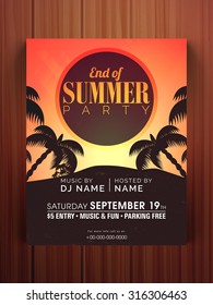 End Of Summer Season Party Celebration Flyer, Banner Or Template On Wooden Background.