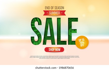 End of summer season sale banner with huge word SALE on beach and sea background. Banner template