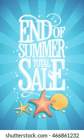 End of summer total sale vector design concept, blue water  backdrop with starfishes, shell and air bubbles, vintage style