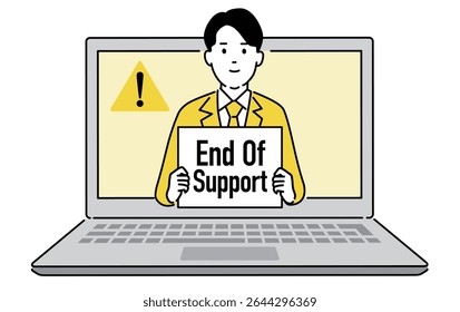 End of Support Notification – Flat Vector Illustration Showing a Warning Sign and Man Announcing System Discontinuation on Laptop Screen