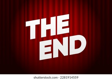 The End title on red background. The End of Cinema or Show. Text on red curtains. Retro concept. Vector illustration.