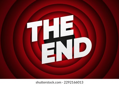 The End title on red background. The End of Cinema or Show. Text on red curtains. Retro concept. Vector illustration.
