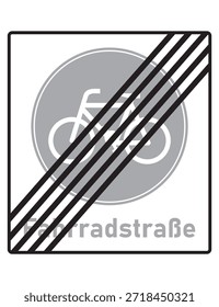 End Fahrradstraße es una señal de tráfico que indica el final de una carretera prioritaria para bicicletas. A partir de este punto, las bicicletas ya no tienen prioridad especial, y se aplican las normas de tráfico normales. El letrero se usa comúnmente en las calles urbanas para marcar la transición de una zona centrada en la bicicleta a una carretera regular.