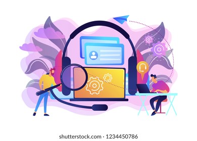 End user with magnifier finding information in laptop with headset. Customer self-service, e-support system, electronic customer support concept. Bright vibrant violet vector isolated illustration