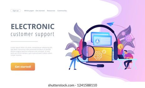 End user with magnifier finding information in laptop with headset. Customer self-service, e-support system, electronic customer support concept. Website vibrant violet landing web page template.