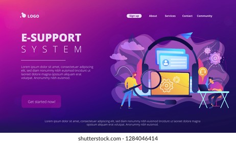 End user with magnifier finding information in laptop with headset. Customer self-service, e-support system, electronic customer support concept. Website vibrant violet landing web page template.