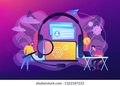 End User With Magnifier Finding Information In Laptop With Headset. Customer Self-service, E-support System, Electronic Customer Support Concept. Bright Vibrant Violet Vector Isolated Illustration