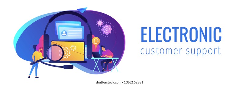 End user with magnifier finding information in laptop with headset. Customer self-service, e-support system, electronic customer support concept. Header or footer banner template with copy space.