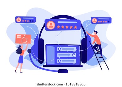 End user with magnifier finding information in laptop with headset. Customer self-service, e-support system, electronic customer support concept. Pink coral blue vector isolated illustration