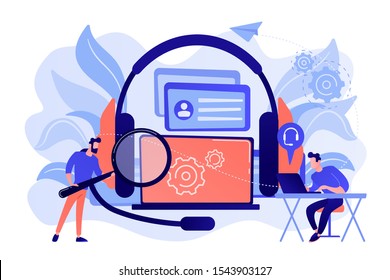 End user with magnifier finding information in laptop with headset. Customer self-service, e-support system, electronic customer support concept. Pink coral blue vector isolated illustration