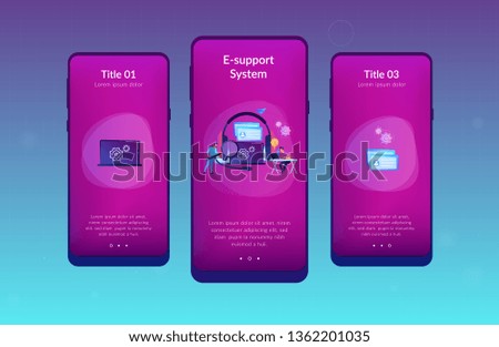 End user with magnifier finding information in laptop with headset. Customer self-service, e-support system, electronic customer support concept. Mobile UI UX GUI template, app interface wireframe
