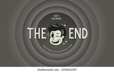 The End - Vintage film cartoon style ending background with a winking character. Vector illustration.