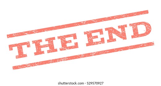 The End watermark stamp. Text tag between parallel lines with grunge design style. Rubber seal stamp with dirty texture. Vector salmon color ink imprint on a white background.