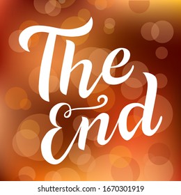 El texto final de las letras blancas en fondo marrón. Ilustración vectorial de caligrafía hecha a mano. Diseño de vectores para afiches, logotipos, decoración, cine, cine, tarjeta, banner, postal, créditos finales e impresión