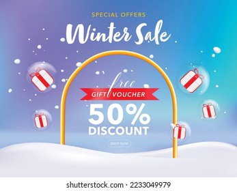 End of Winter Sale Background, Discount Coupon Template. Discount online purchases. Percentage label with gift box.