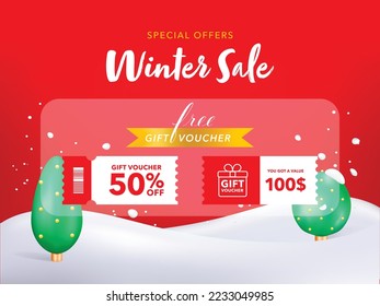 End of Winter Sale Background, Discount Coupon Template. Discount online purchases. Percentage label with gift box.