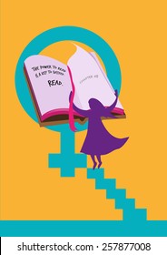 End Women Illiteracy Campaign Design. A Figure Of Lady Flips Pages Of A Book And Read To Stop Illiteracy In General And End To Injustice Of Women's Rights. Vector Eps10 And Jpg.