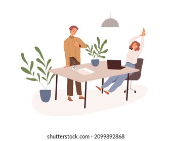 End of work day in office. Colleagues at desk, job completion. Tired employees at workplace stretching and looking at watches to go home. Flat vector illustration isolated on white background