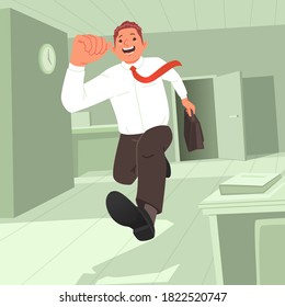 End of the working day. The man happily runs away from work. Unloved occupation. Happy worker hurries home. Vector illustration in cartoon style