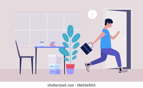 End of the working day. Young man running to the exit. Vector illustration in a flat style