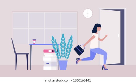 End of the working day. Young woman running to the exit. Vector illustration in a flat style