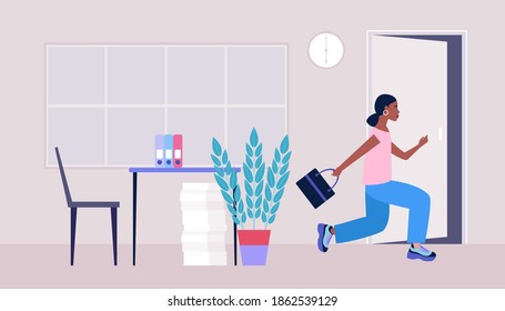 End of the working day. Young woman running to the exit. Vector illustration in a flat style