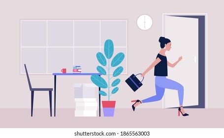 End of the working day. Young woman running to the exit. Vector illustration in a flat style