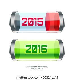 End of the year 2015. New Year 2016. Transparent battery on a white background. Vector illustration.