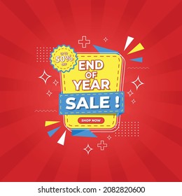 End of year banner sale for social media and web. red background and abstract ornaments