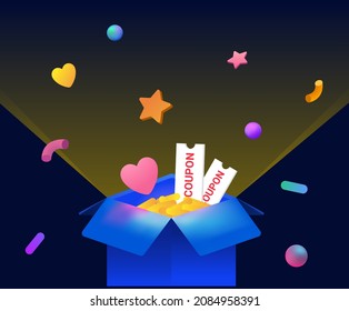 At the end of the year, a box with various money coupons and benefits illustration set. star, heart, firecracker, confetti. Vector drawing. Hand drawn style.