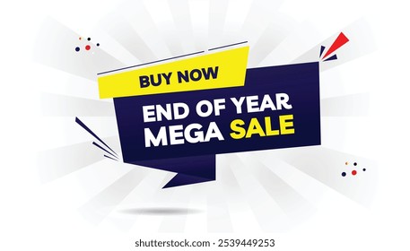 End of year mega sale buy now banner editable template design featuring a light yellow and dark blue gradient on a white background with eye-catching red shapes, perfect for boosting sales and attract