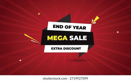 Fim do ano mega venda Extra Desconto web banner modelo vetor design emblema ícone rótulo branco cinza preto amarelo negrito texto escuro vermelho luz solar abstrato fundo empresarial