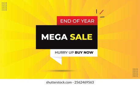 End of year mega sale! Hurry up and buy now with this editable sticker icon label in EPS format. Featuring black-red gradient, bold yellow-orange abstract shapes, and a hot white background design